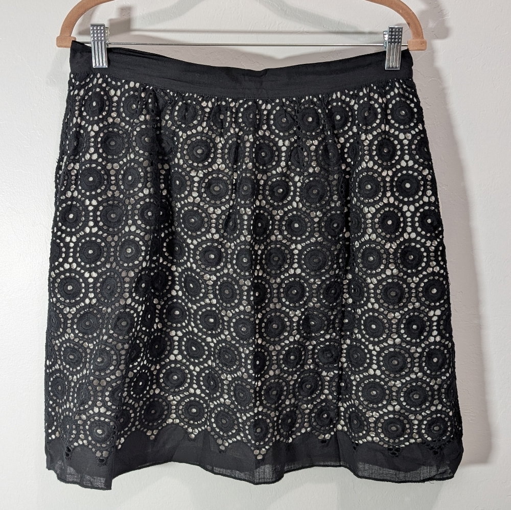 Venini Bohemian Chic Black Cream Machine Lace Overlay A-Line Skirt Size M